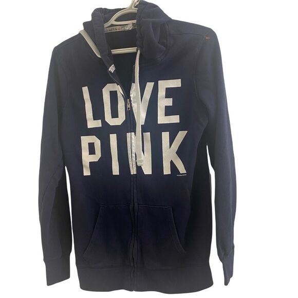 Pink Victoria Secret Navy Hooded Sweatshirt Sz S - Picture 1 of 7